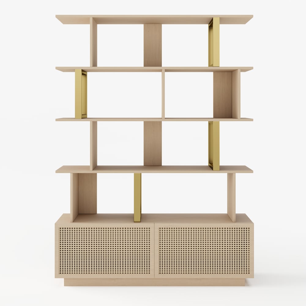 5-Tier Whitewash Bookshelf with 2 Drawers Wooden Bookcase in Gold (64.8" High) window image