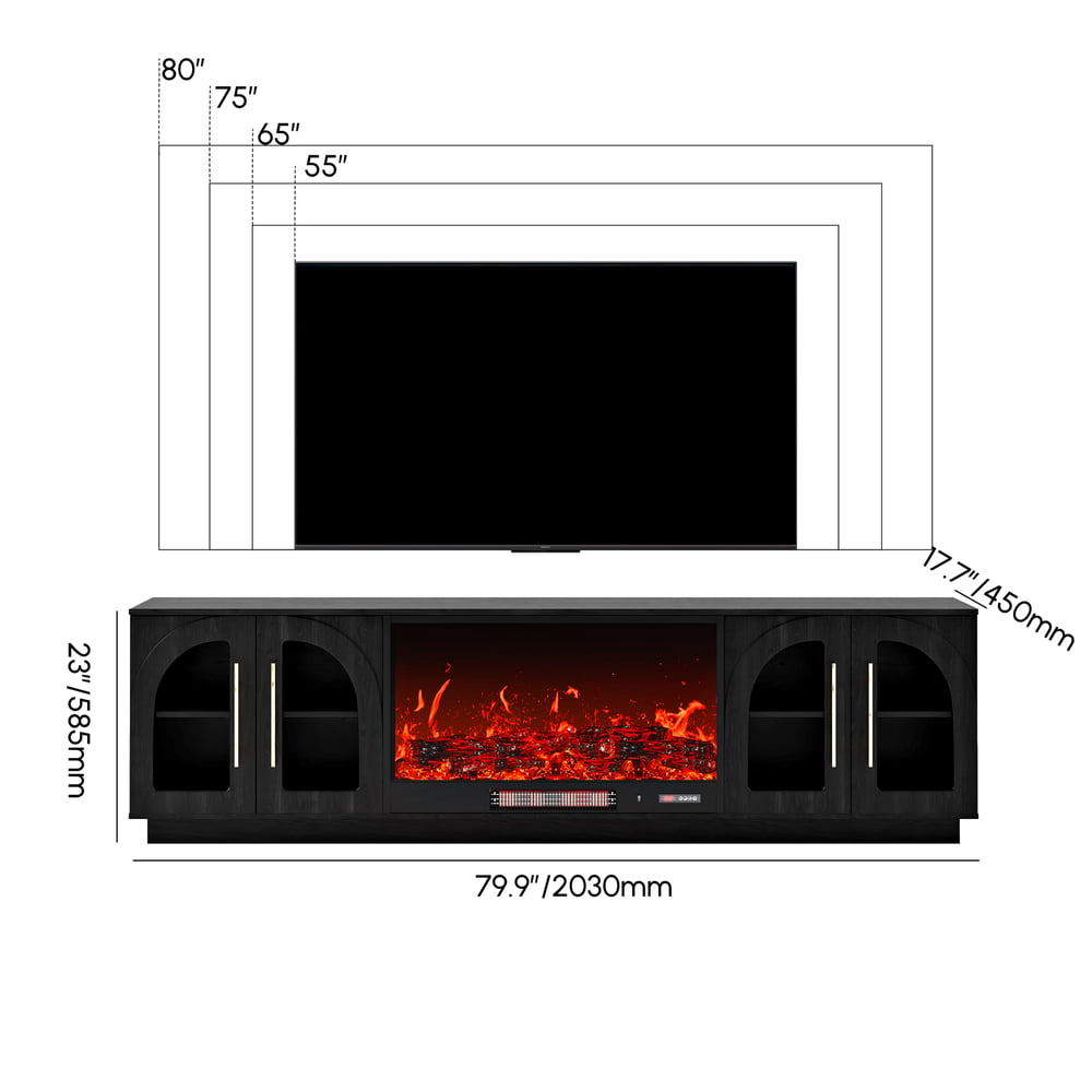 Arune 80" Arched Glass Doors TV Stand with Electric Fireplace & Remote Control weights dimensions image