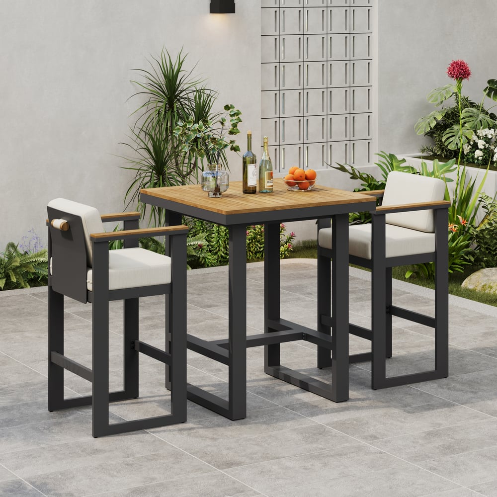 Ensemble de table de bar moderne d'extérieur 3 pièces en bois de teck Tevara avec 2 chaises image de fenêtre