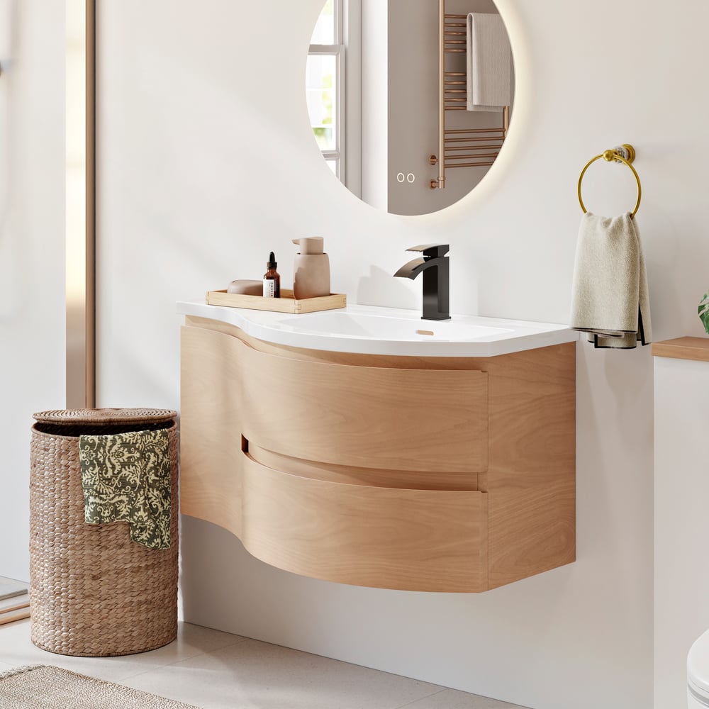 35" Floating Single Curved Bathroom Vanity with Sink & Storage window image