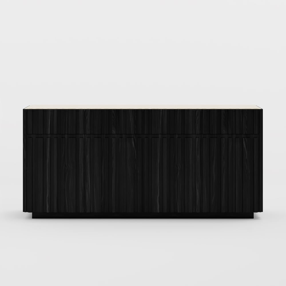 Aura 65" Ash Wood Slatted Black TV Stand with Sintered Stone Top window image