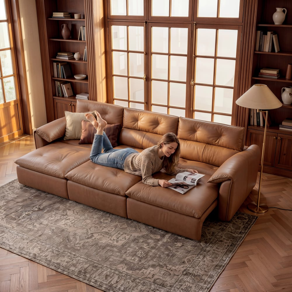 126" 3-Seater Genuine Leather Power Convertible Sleeper Sofa with Adjustable Headrests window image