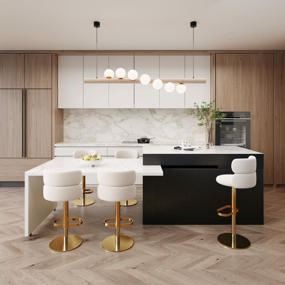 81"–112" Modern Extendable Glossy Sintered Stone Kitchen Island with Storage, White & Black window image