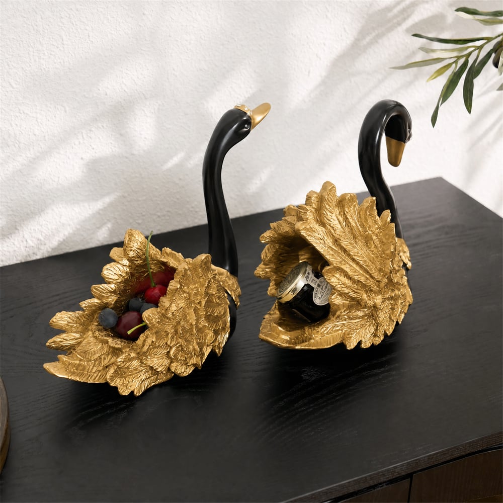 2-Piece Resin Swan Figurines, Black & Gold Decorative Storage Set window image