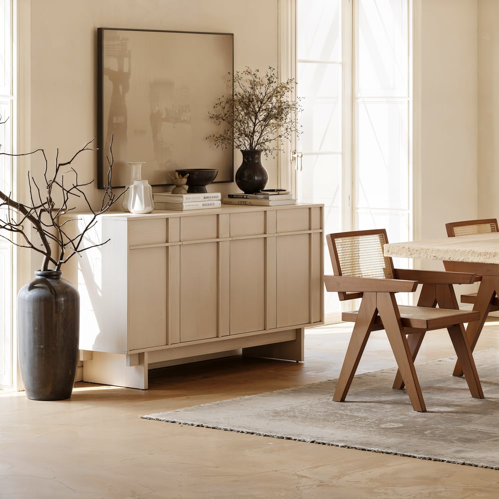 Mid Century Modern 60" Whitewash Wood Sideboard with Storage & Adjustable Shelves window image