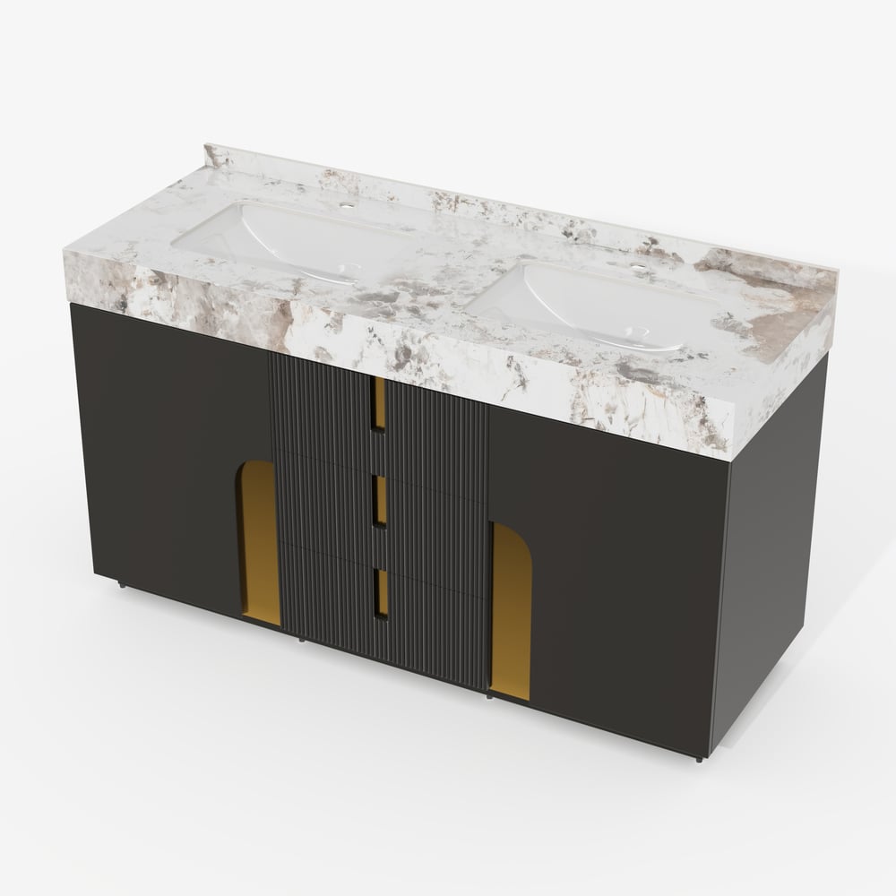 Mueble de baño Artis de 60" con doble lavabo y encimera de piedra sinterizada, 3 cajones Imagen de ventana