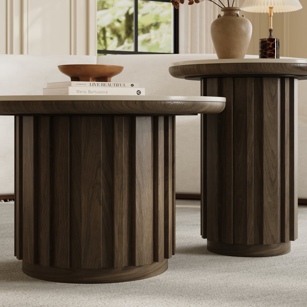 Aura 2 Piece Set Ash Wood Slatted  Round Coffee Table with Sintered Stone Top(20" - 28") window image