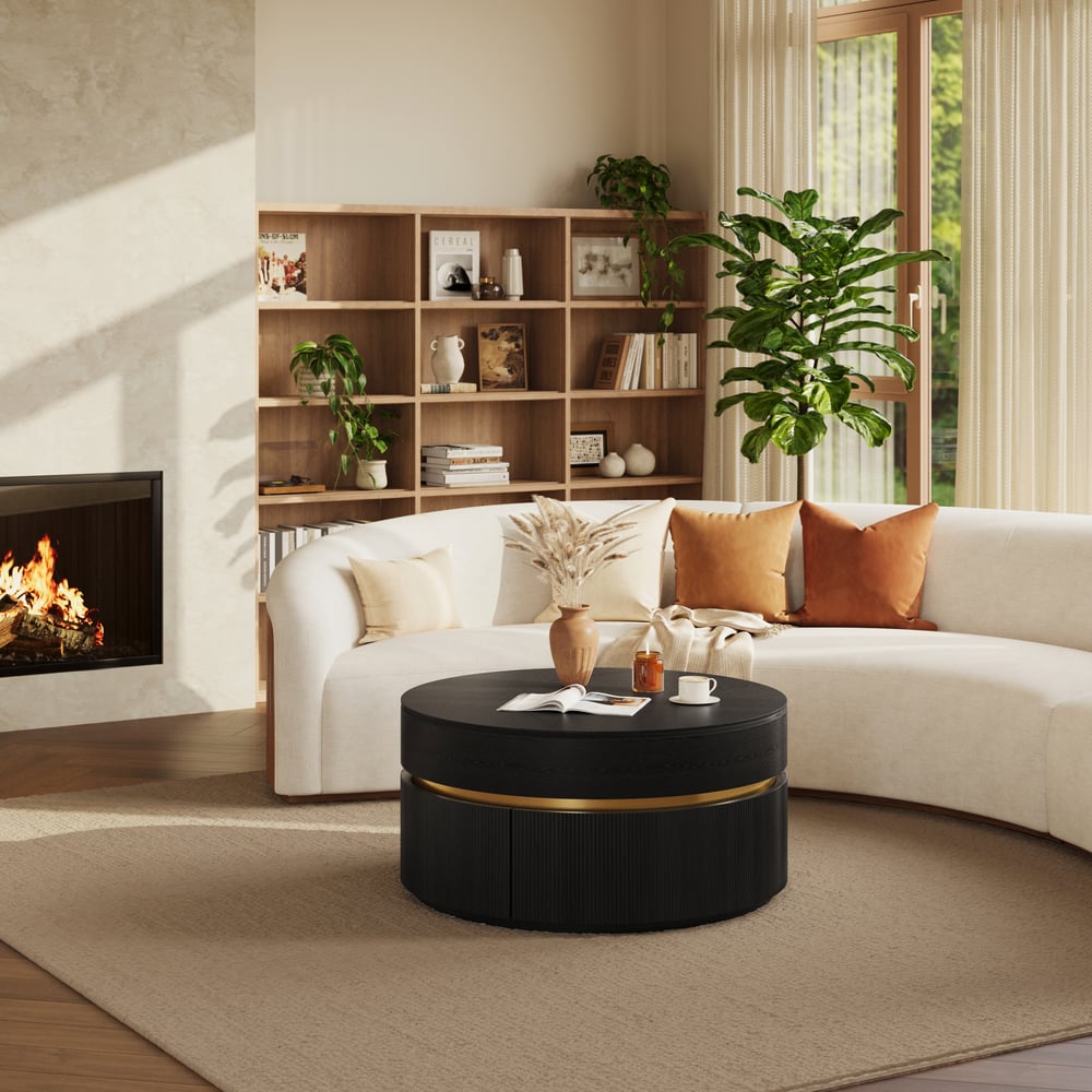Table basse ronde à plateau relevable cannelé de 32 pouces avec 2 tiroirs image de fenêtre