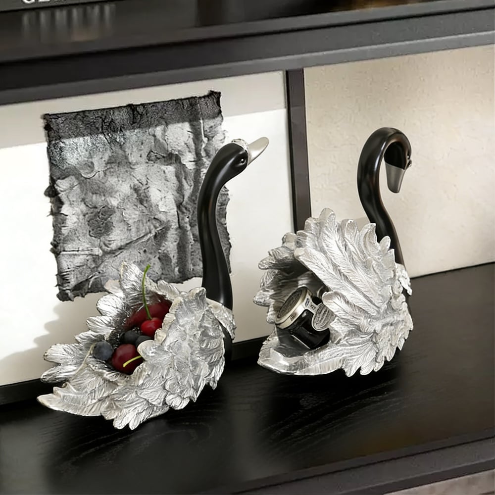 2-Piece Resin Swan Figurines – Elegant Black & Silver Swan Decorative Storage Set window image