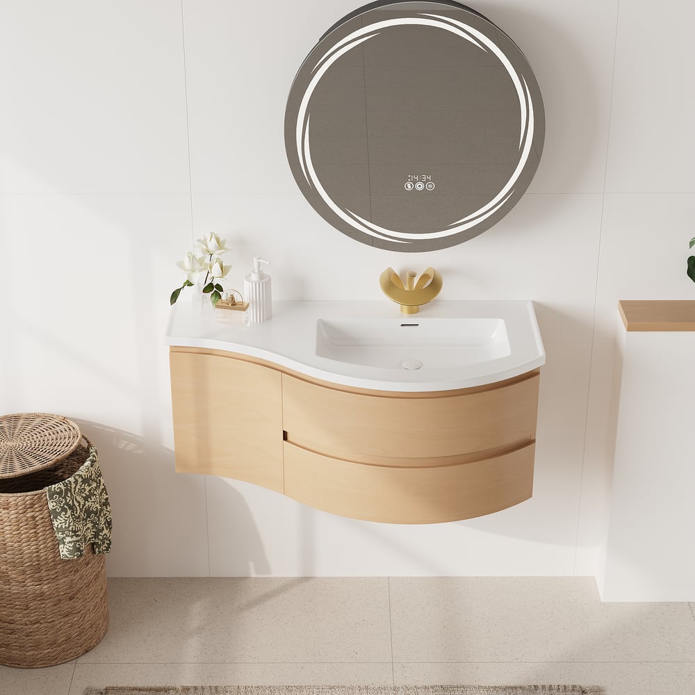 Floating Curved Bathroom Vanity & Round LED Medicine Cabinet Set Right Offset window image