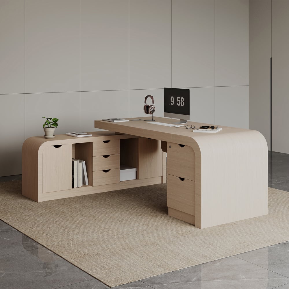 70.9" Whitewash L-shaped Executive Desk Left Hand & Reclining Leather Office Chair window image