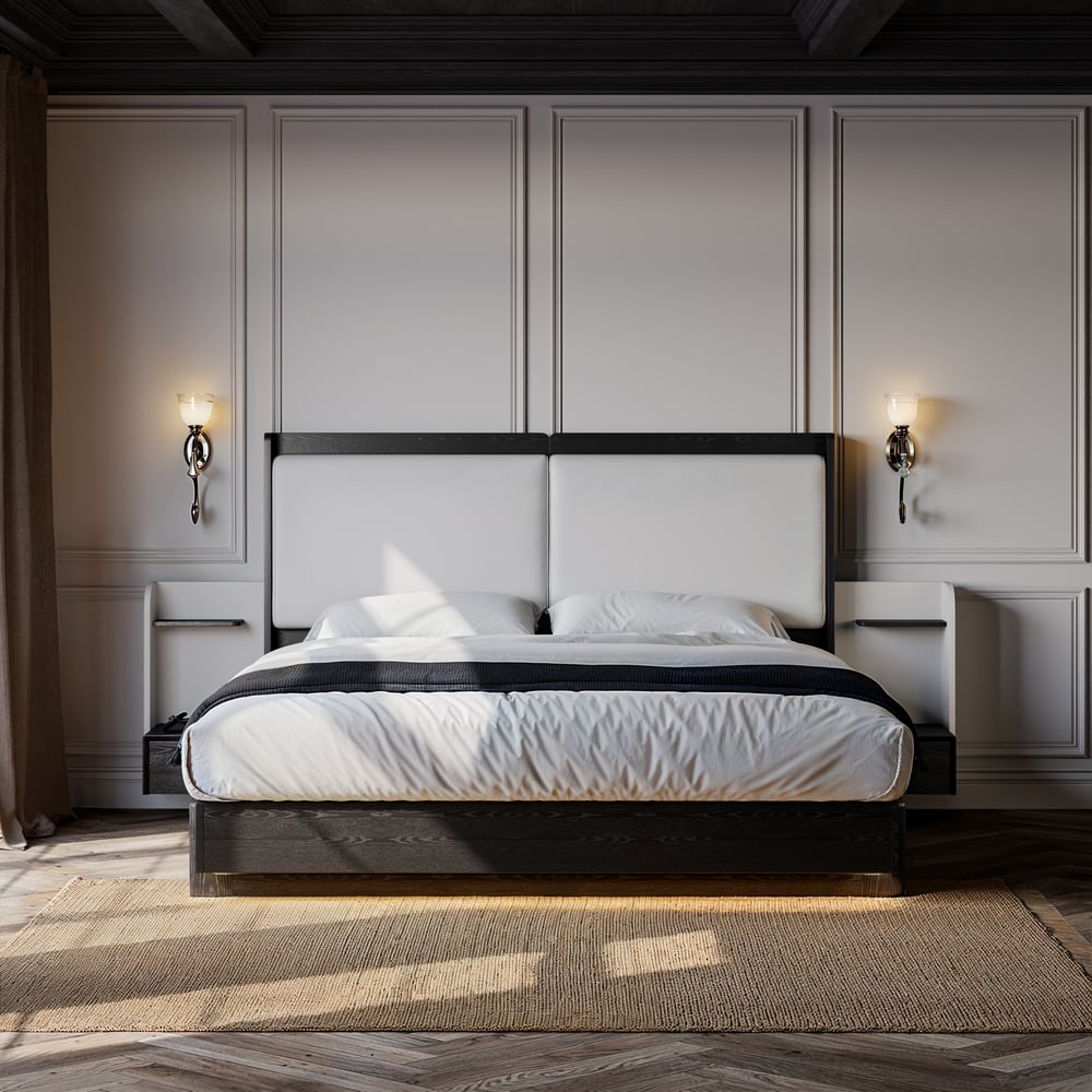 King Solid Wood Bed with Leather Extended Headboard & Floating Smart Nightstand Set window image