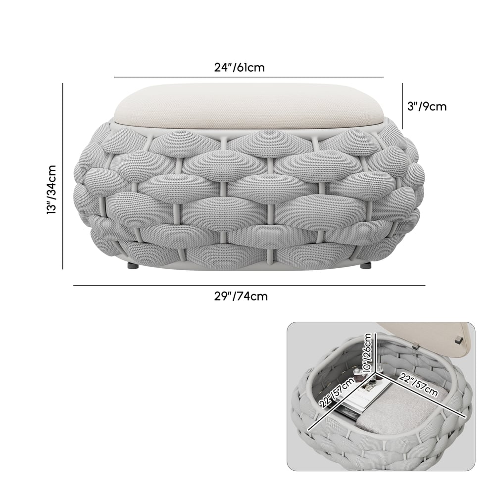 Cocaro Outdoor Hand-Woven Rope Footrest Storage Ottoman in Light Grey weights dimensions image