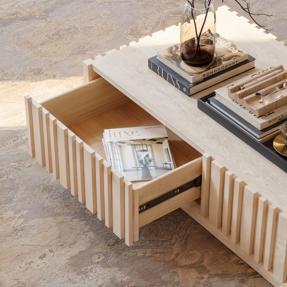 Aura 47" Ash Wood Slatted Coffee Table with Sintered Stone Top window image