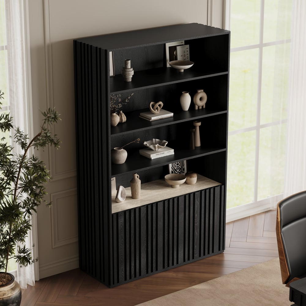 Aura 47" Ash Wood Fluted Bookcase With Sintered Stone Top window image
