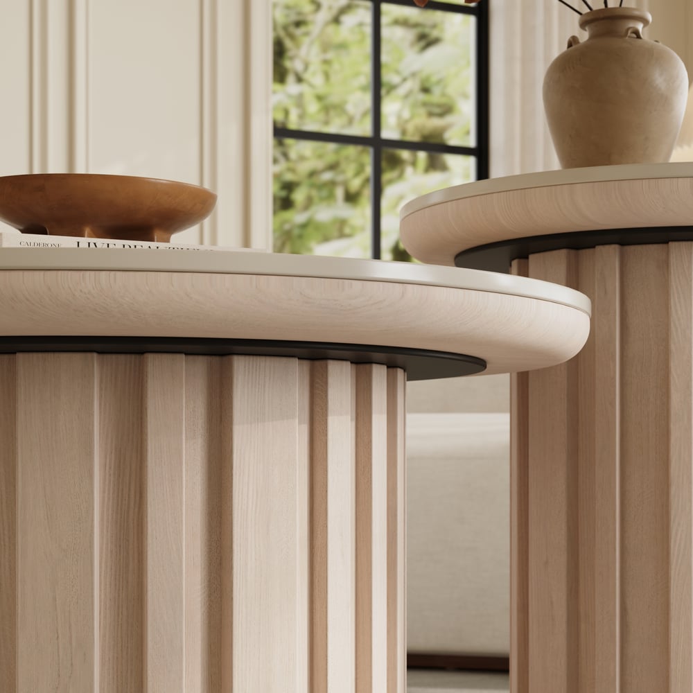 Aura 2 Piece Set Ash Wood Slatted  Round Coffee Table with Sintered Stone Top(20" - 28") window image