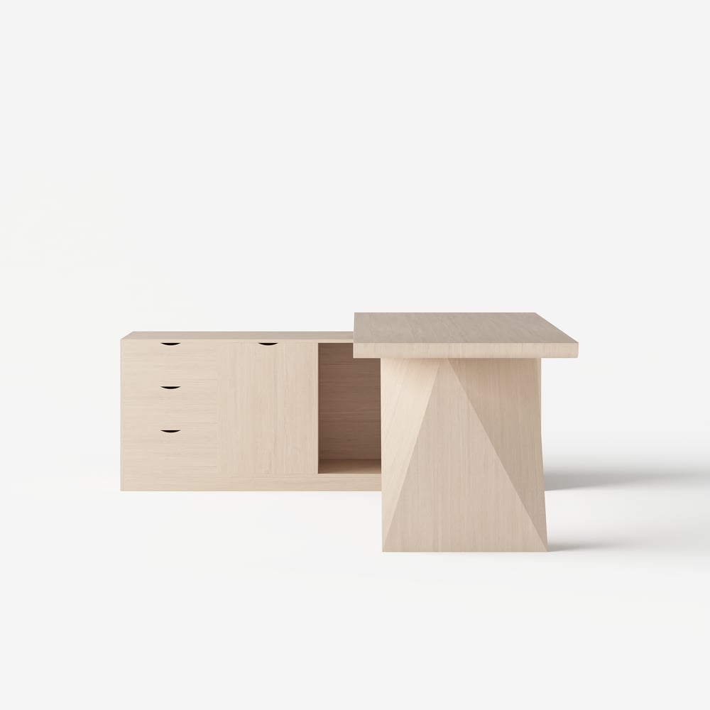 Escrivaninha executiva moderna em forma de L de 180 cm com acabamento em branco lavado e armazenamento, mão esquerda Imagem da janela