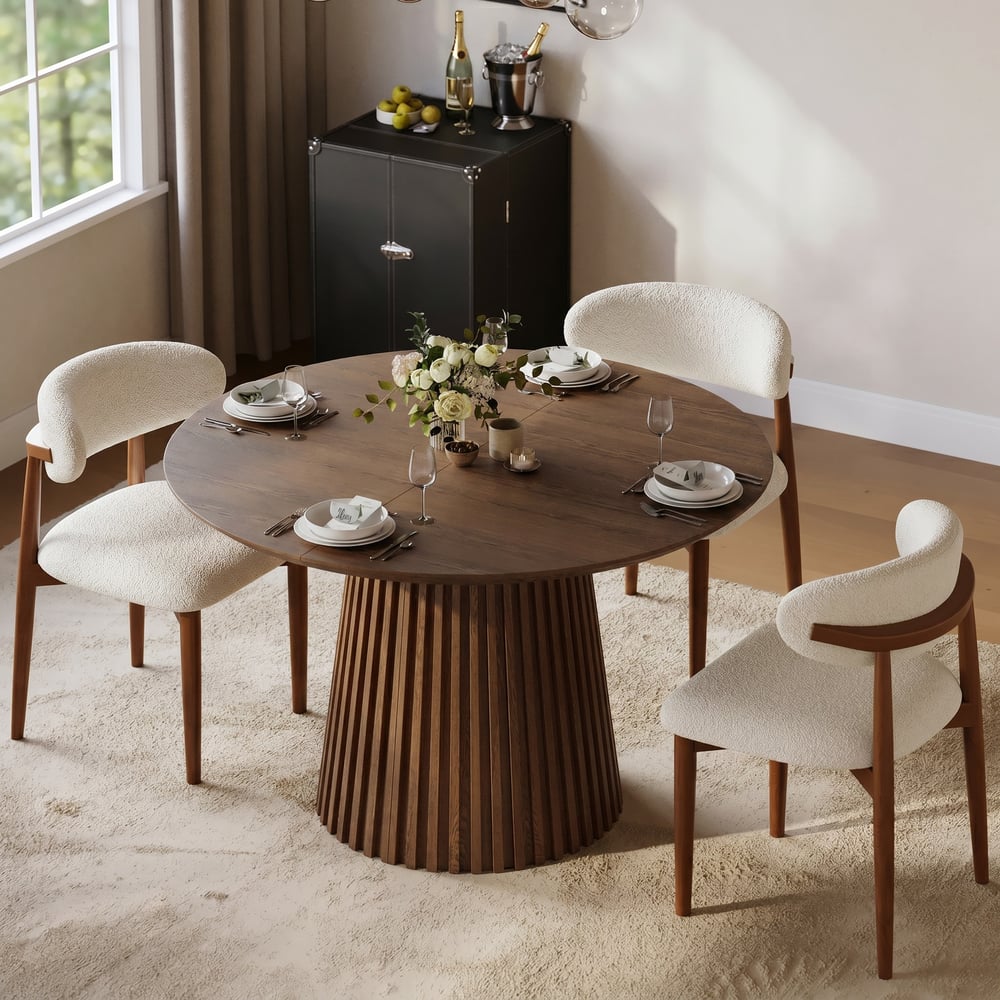 Modern 47"-79" Extendable Walnut Wood Dining Table with Fluted Base, Seats 4-6 window image