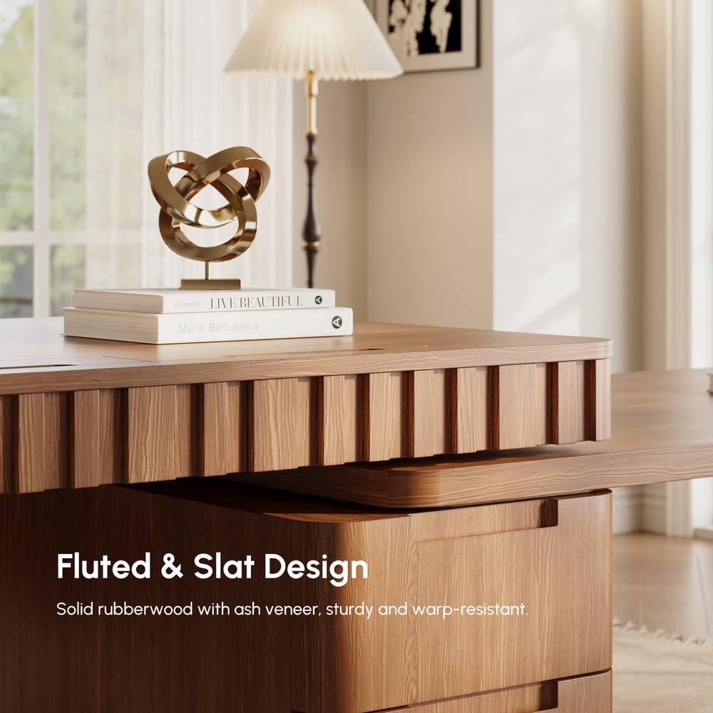 Aura 63" Walnut Flutted 360-Degree Rotating Desk Electric Adjustable Standing Desk window image