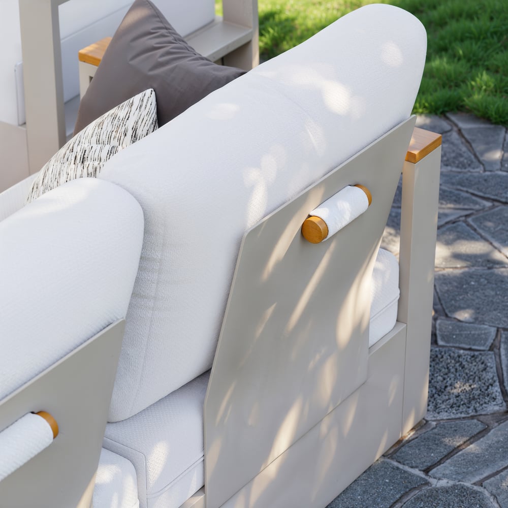 Tevara 6-Person Outdoor Sofa Set with Wood & Aluminium Frame, Sand & Warm White (4-Piece) window image