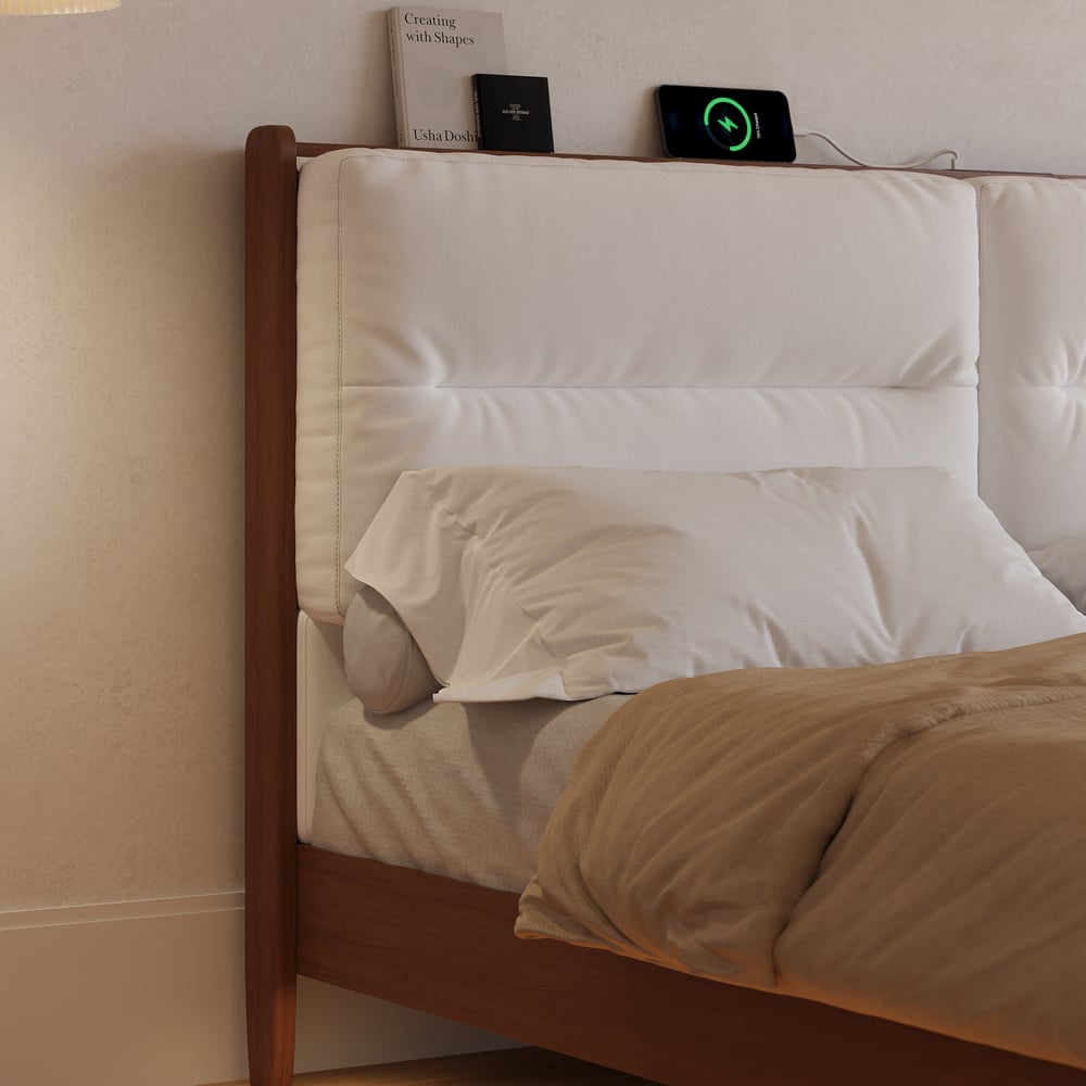 Mid-Century Modern King Solid Wood Bed with Charging Station and Sensor LED window image
