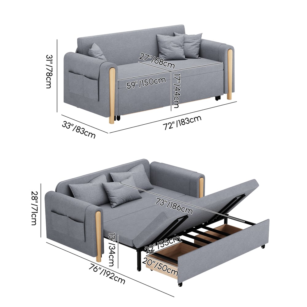 72" Full 2-Seater Linen Convertible Sleeper Sofa weights dimensions image