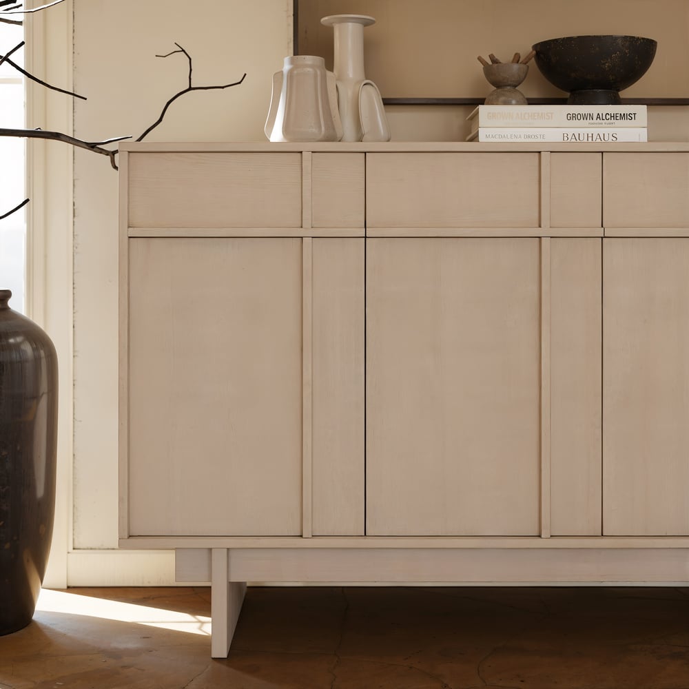 Mid Century Modern 60" Whitewash Wood Sideboard with Storage & Adjustable Shelves window image