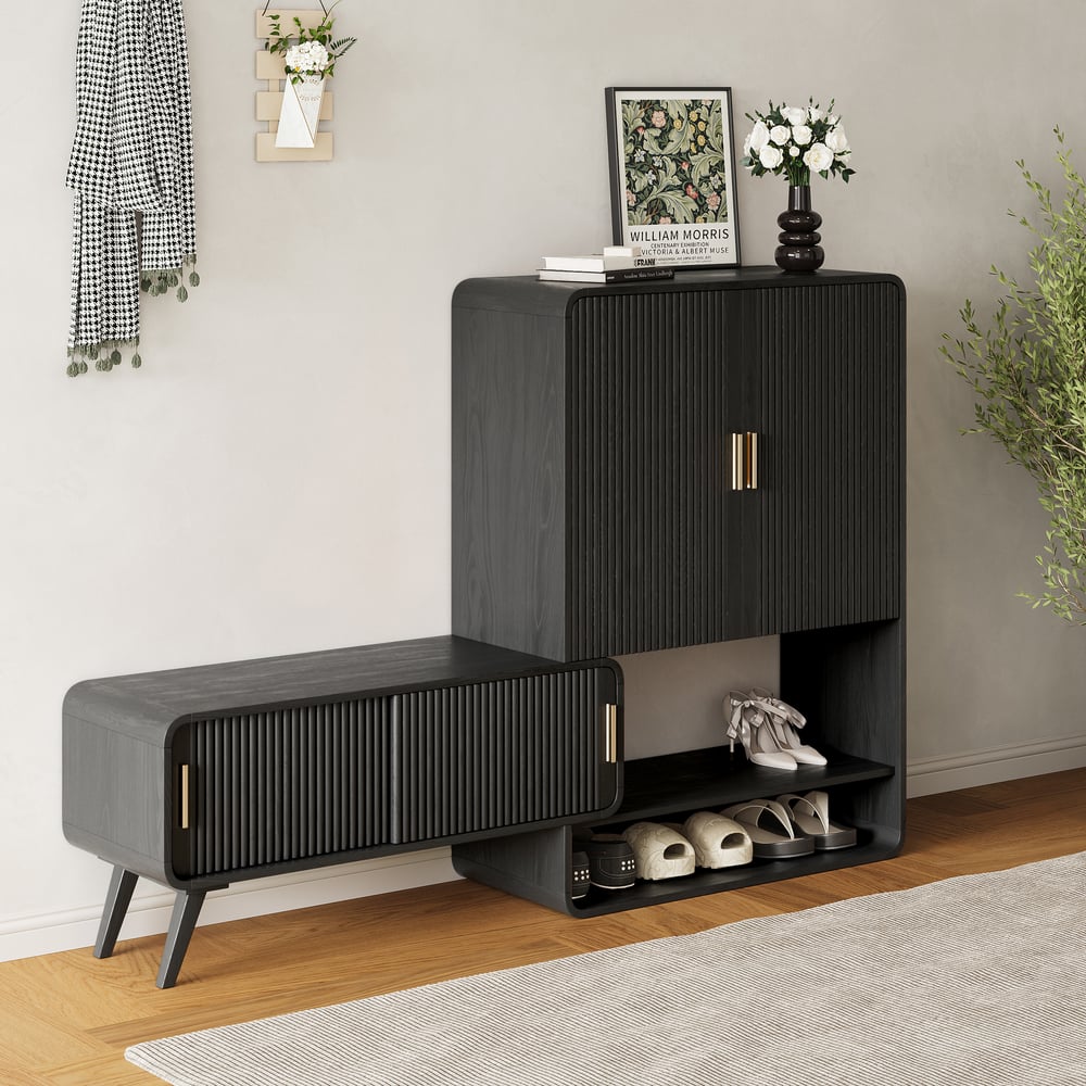 Meuble d'entrée cannelé en placage de bois de frêne de 37 pouces avec rangement pour chaussures, main gauche image de fenêtre