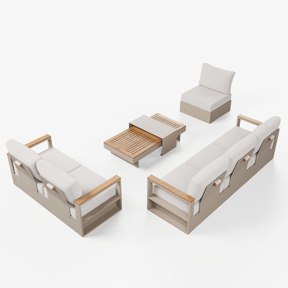 Tevara 6-Person Outdoor Sofa Set with Wood & Aluminium Frame, Sand & Warm White (4-Piece) window image