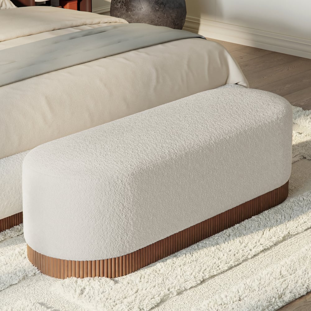 59"W Boucle Upholstered Bedroom Bench with Fluted Base window image