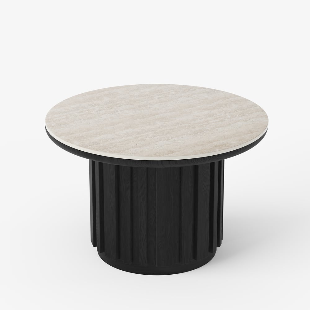 Table basse ronde à lattes en bois de frêne Aura avec plateau en pierre frittée image de fenêtre