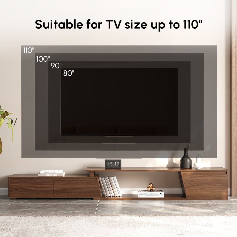 Ensemble meuble TV Fero en bois blanc et noyer, meuble TV extensible et table basse rectangulaire image de fenêtre
