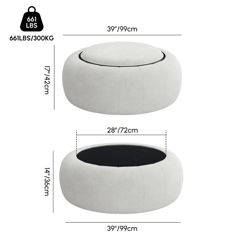 Modern 39" Round Performance Chenille Ottoman Coffee Table with Hidden Storage weights dimensions image