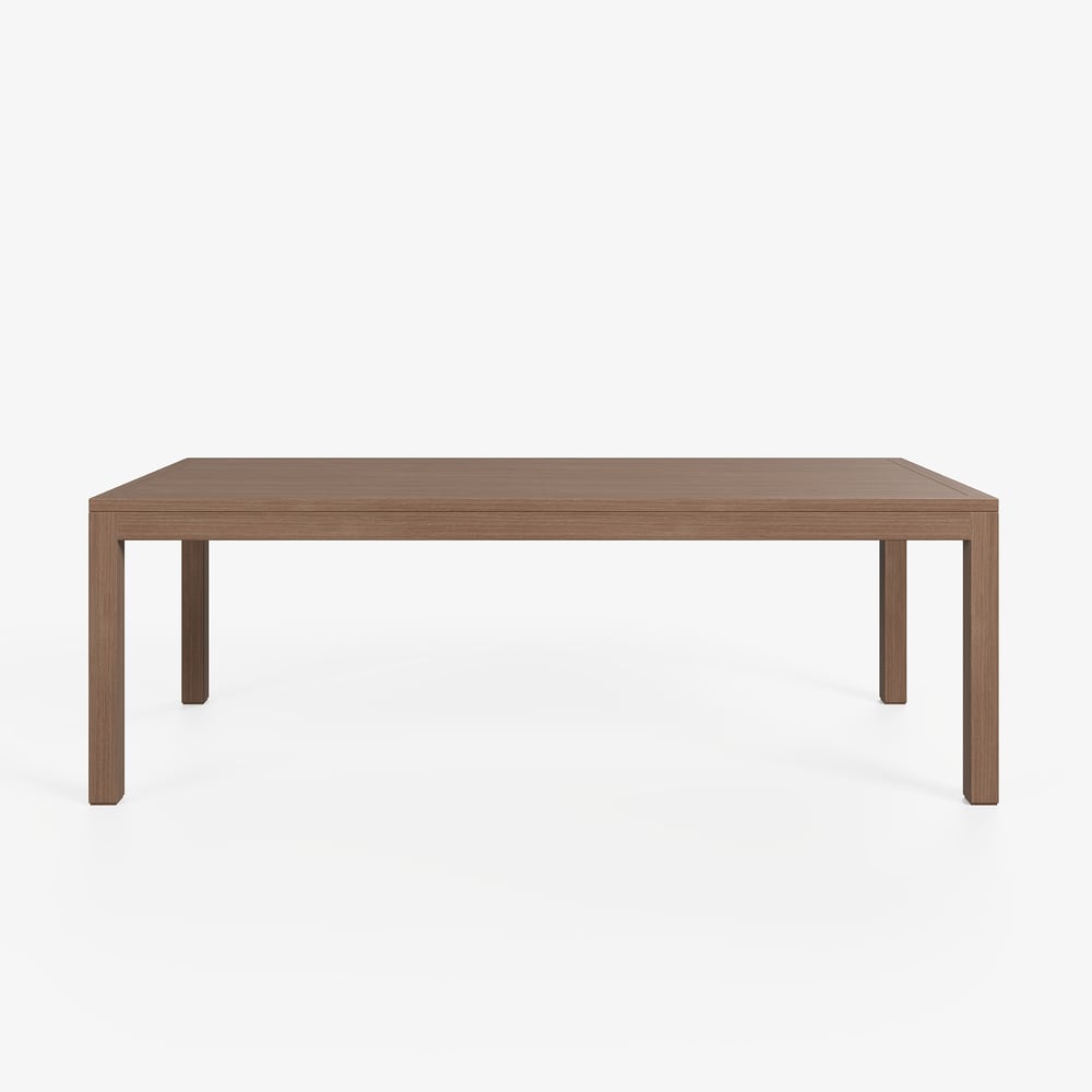Table à manger d'extérieur à lattes en aluminium finition noyer Wevara 86.6" image de fenêtre