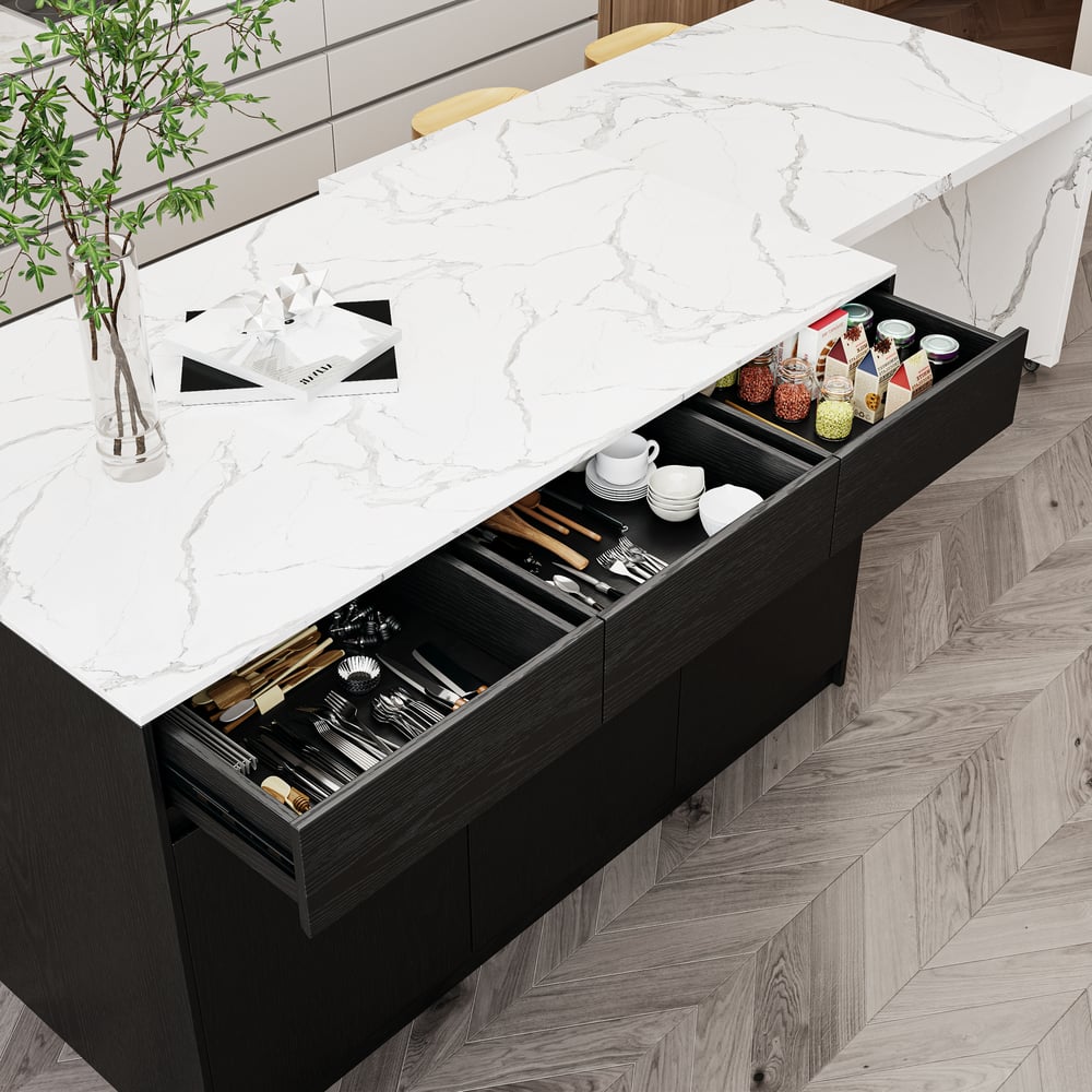 Isla de cocina de madera moderna extensible de 81''-112" con almacenamiento, blanco y negro Imagen de ventana