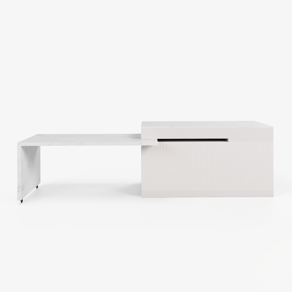 Modern 81"-112" Marble Pattern Kitchen Island with Doors & Drawers, White window image