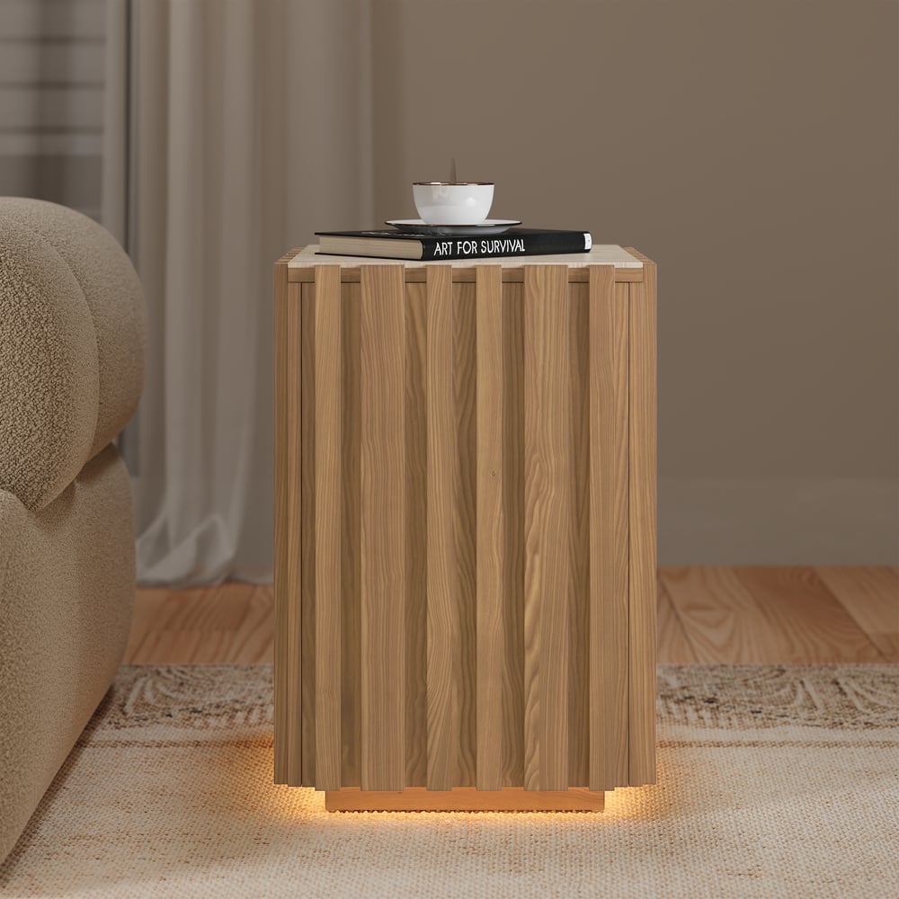 Aura Ash Wood Fluted Natural Side Table with Sintered Stone Top window image