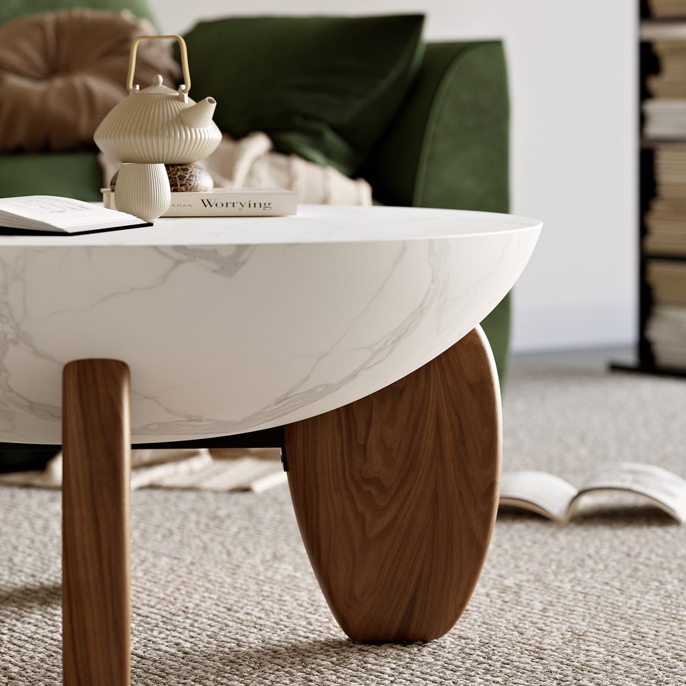 Curva 37" Round Concrete Walnut Coffee Table with Wood Legs window image