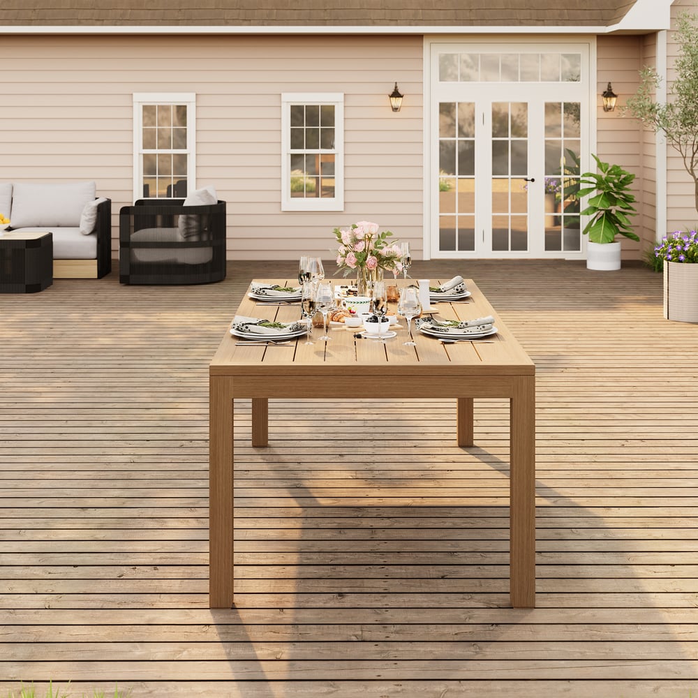 Wevara 78" Walnut-Finished Aluminum Slatted Outdoor Dining Table window image