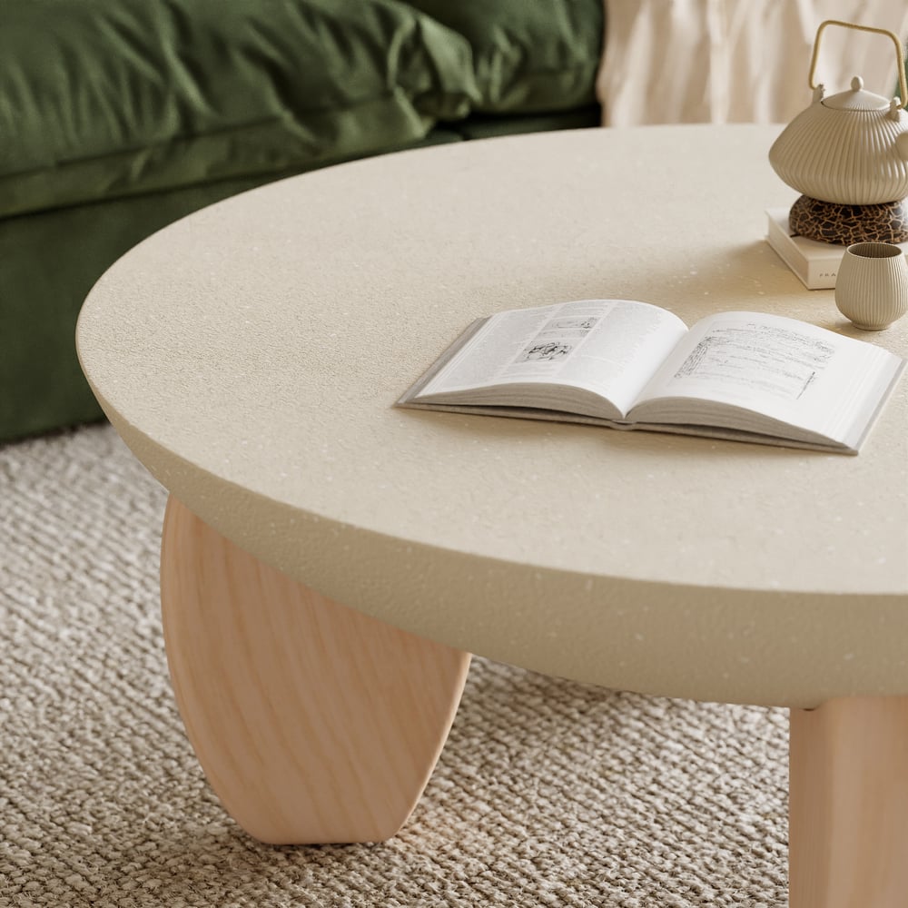 Mesa de Centro Curva Round de Betão e Nogueira com Pernas de Madeira Imagem da janela