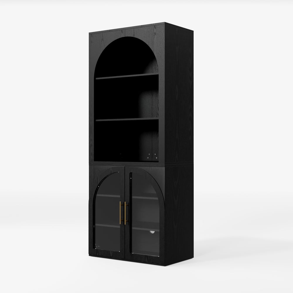 Arune Black Chest Bookcase with Storage Cabinet & LED Light window image
