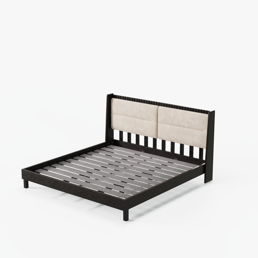 Cama moderna de madeira maciça com almofadas de cabeceira Boucle, 180 x 200 cm Imagem da janela