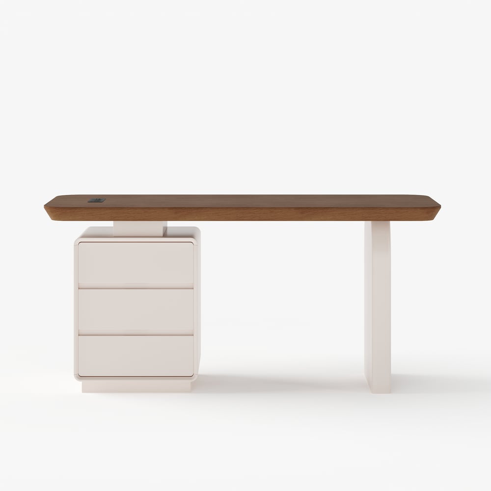 Modern 63” Rectangular Walnut Wood Desk with charging station & storage window image