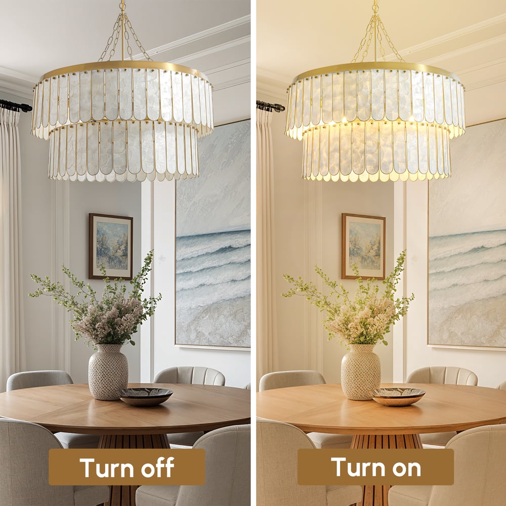 Enseo Coastal 8-Light Capiz Shell 2-Tiered Faceted Chandelier Pendant Light Gold White window image