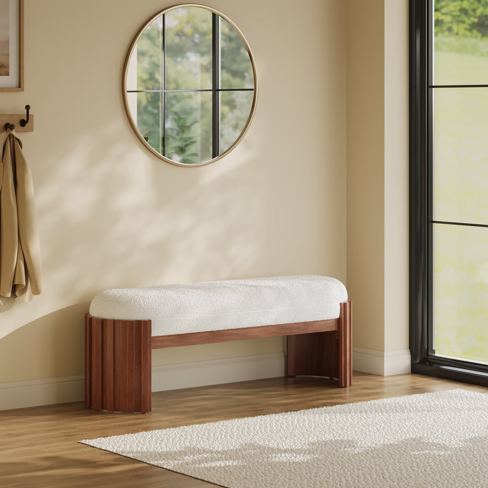 Aura 47” Walnut Wooden Boucle Upholstered Entryway Bench window image