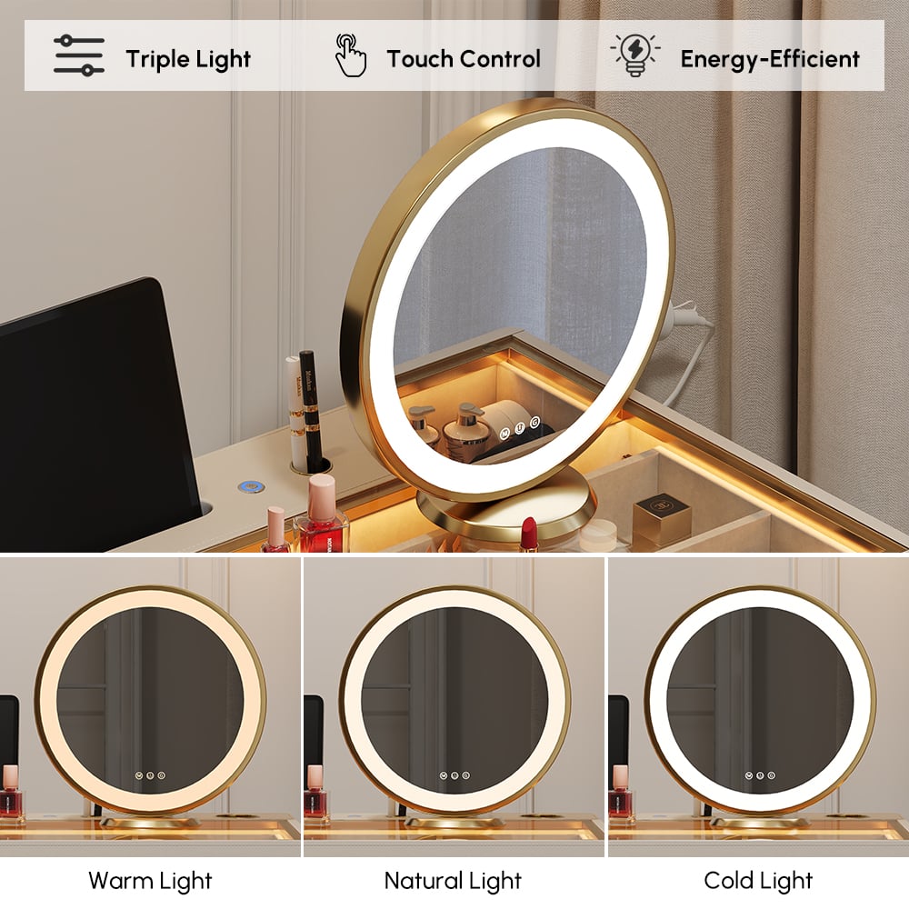 Selva Oatmeal Saddle Leather LED-Makeup Vanity Set with Charing Station and Mirror window image