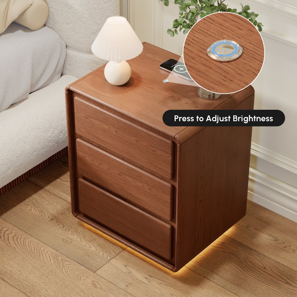 Haloa Walnut 3-Drawer LED Nightstand with Charging Station window image