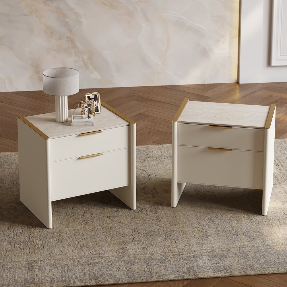 Modern Saddle Leather 2-Drawer Nightstand with Faux Travertine Stone Top window image
