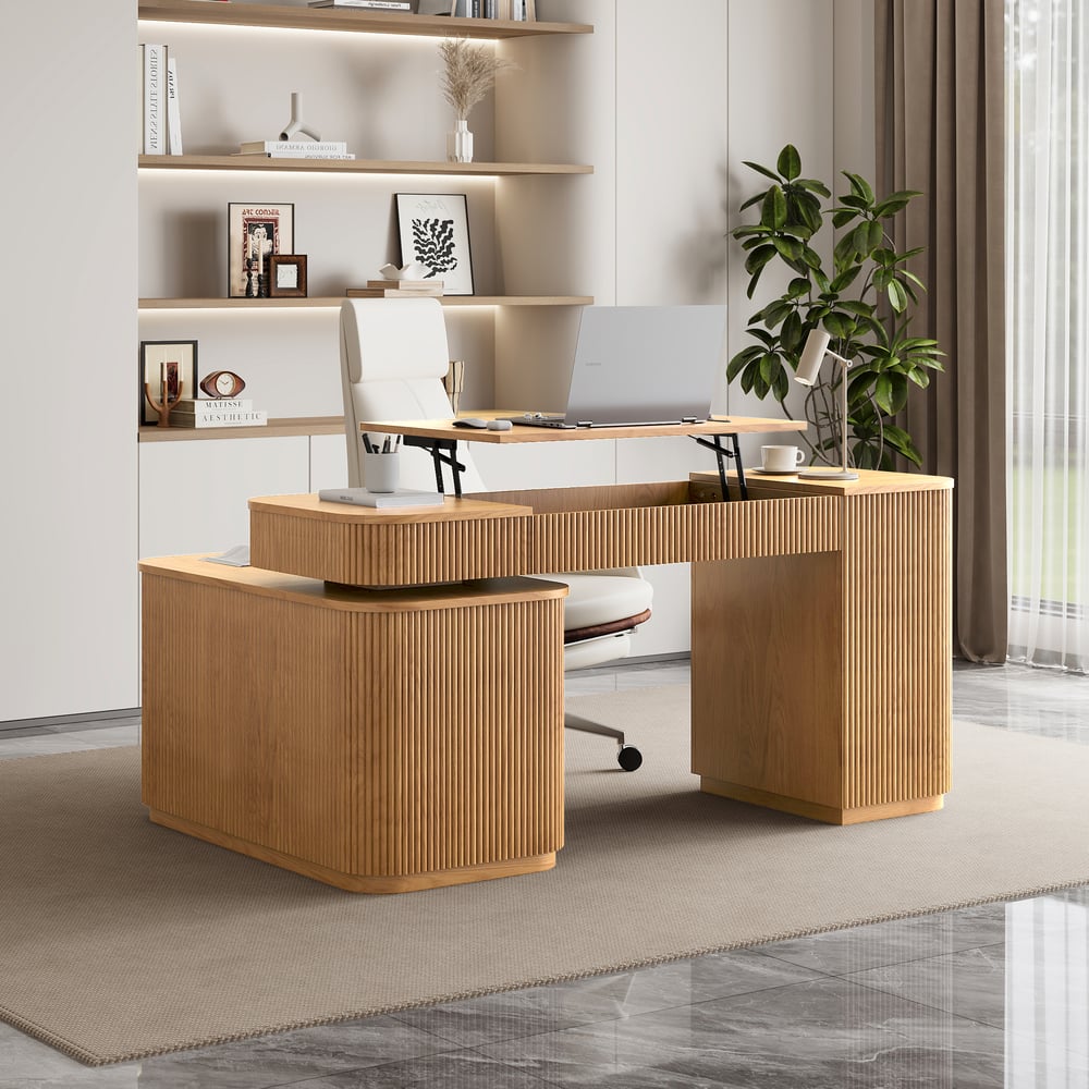 Velign 65" L-Shape Natural Executive Desk with Right-Side Cabinet window image