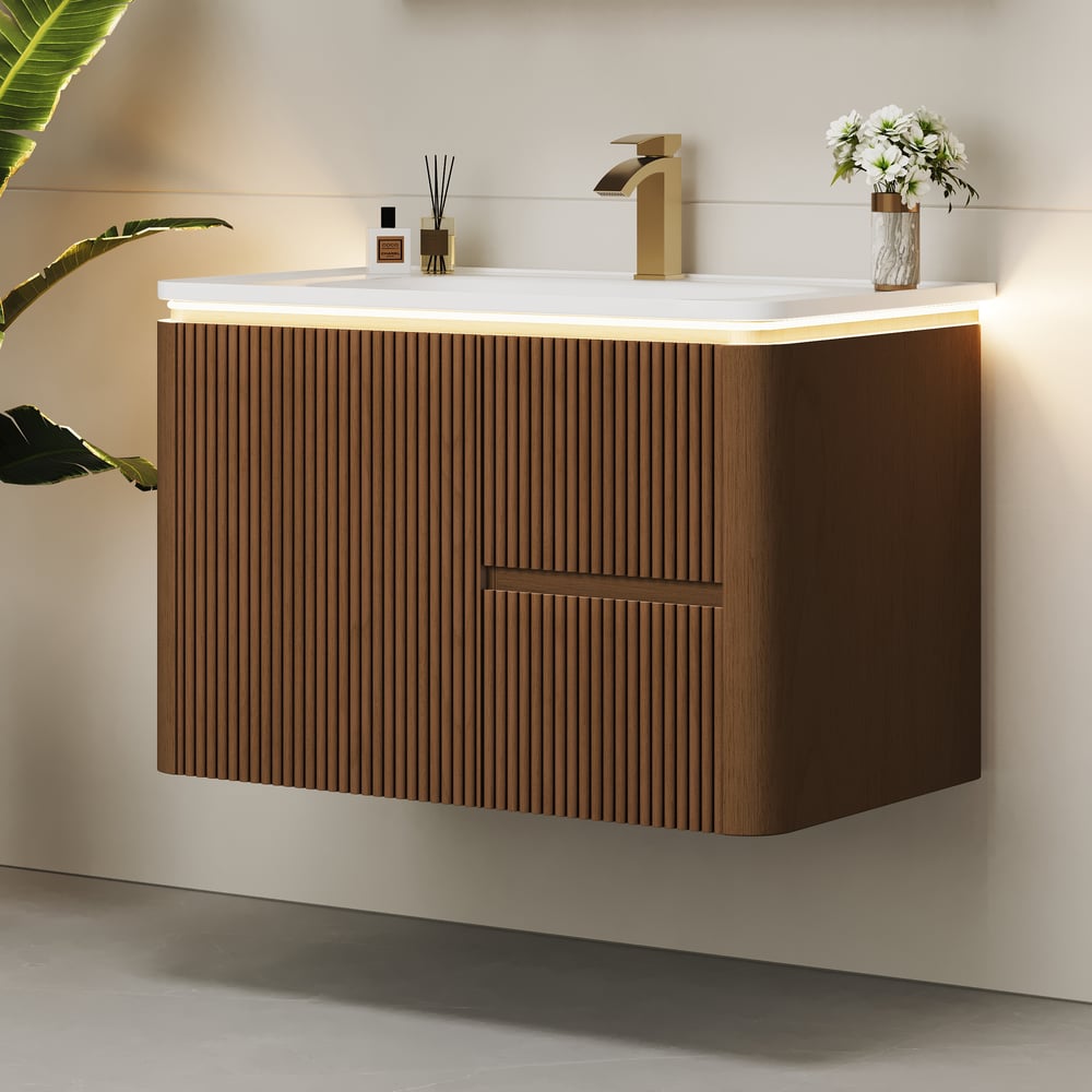Meuble-lavabo de salle de bain flottant cannelé moderne de 81 cm avec lavabo, éclairage LED doux et grand espace de rangement image de fenêtre